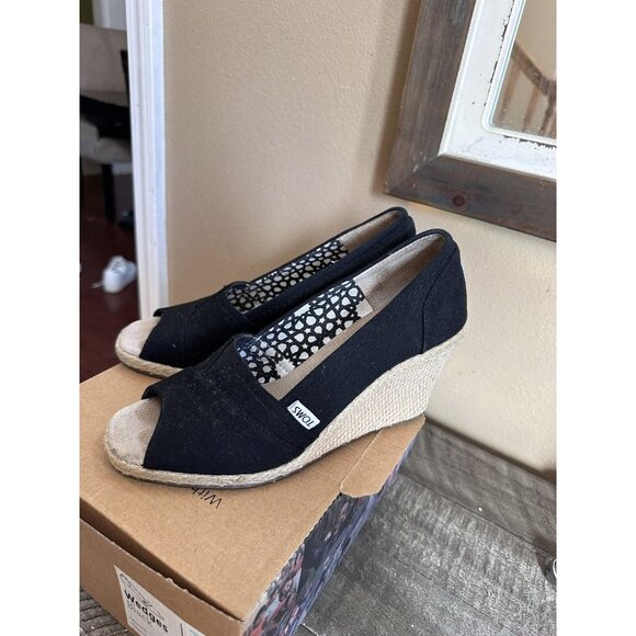 Tom's Shoes - Black Wedge Heels Toms Calypso Women Fabric Peep Toe Pump Espadrille Sz W7.5